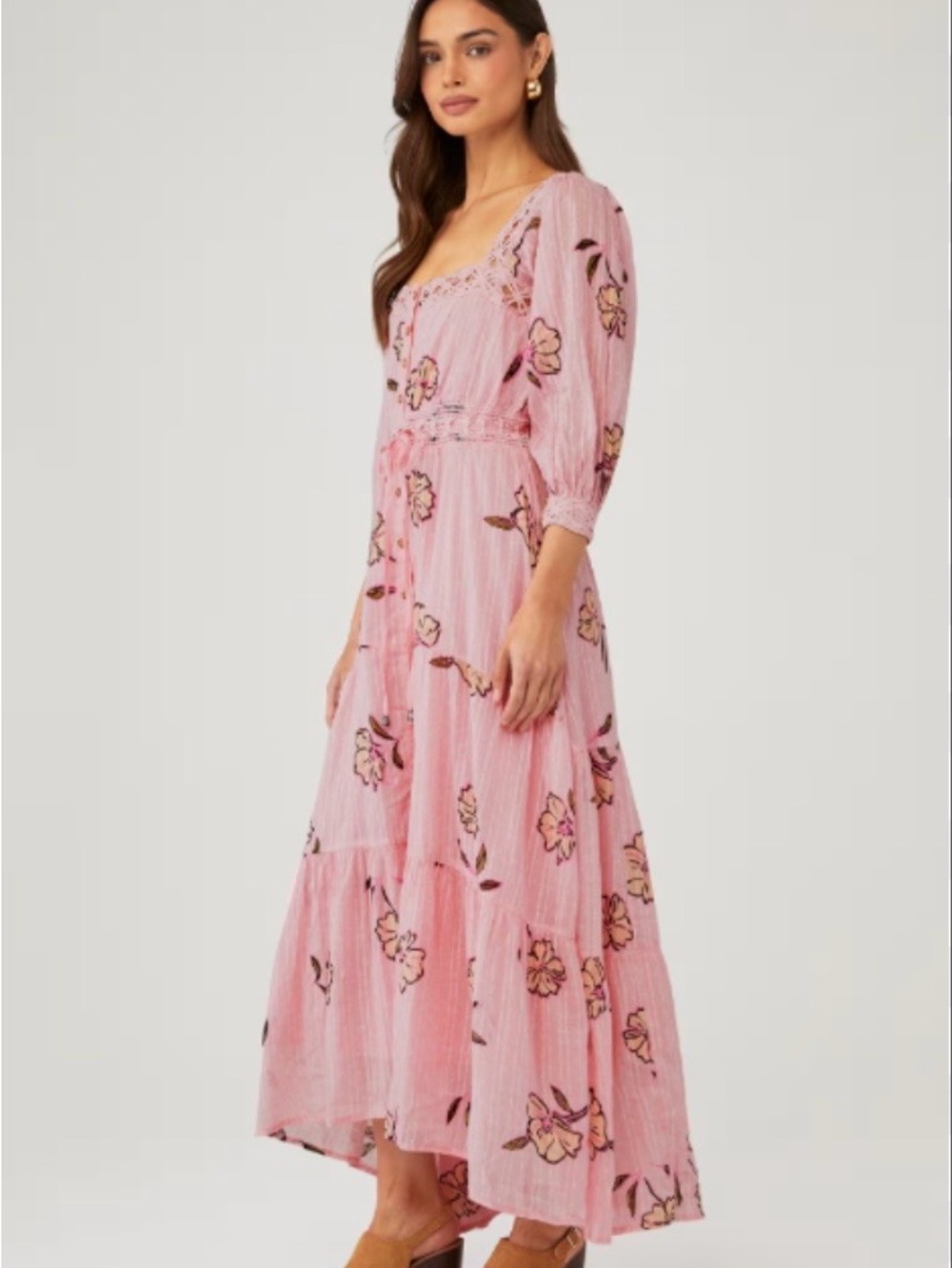 Free People Pink Floral Maxi Dress with Lace Detail Morning Meadows size M, NWT